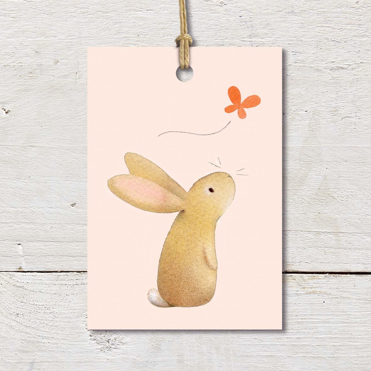 Gift Tag featuring a cute rabbit and butterfly on a pale peach background.