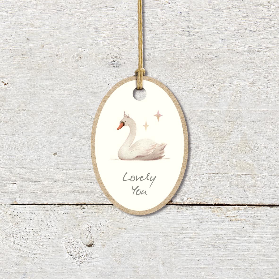 Small Wooden Keepsake Plaque/Tag featuring a cute swan wearing a tiara with a ’Lovely You’ caption.