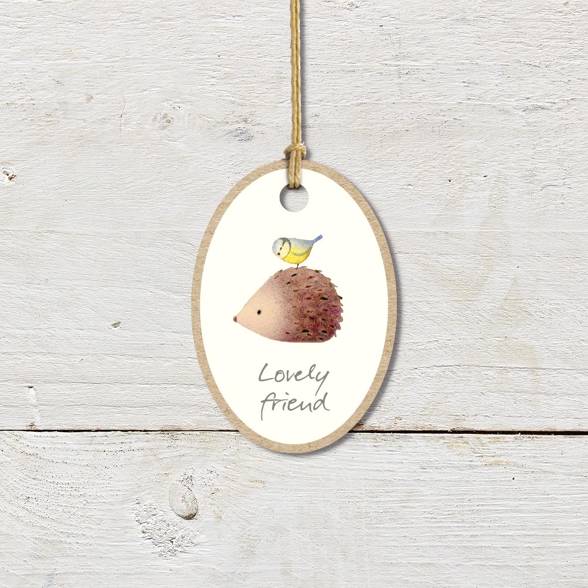Small Wooden Keepsake Plaque/Tag featuring a cute hedgehog and blue tit with a ’Lovely Friend’ caption.