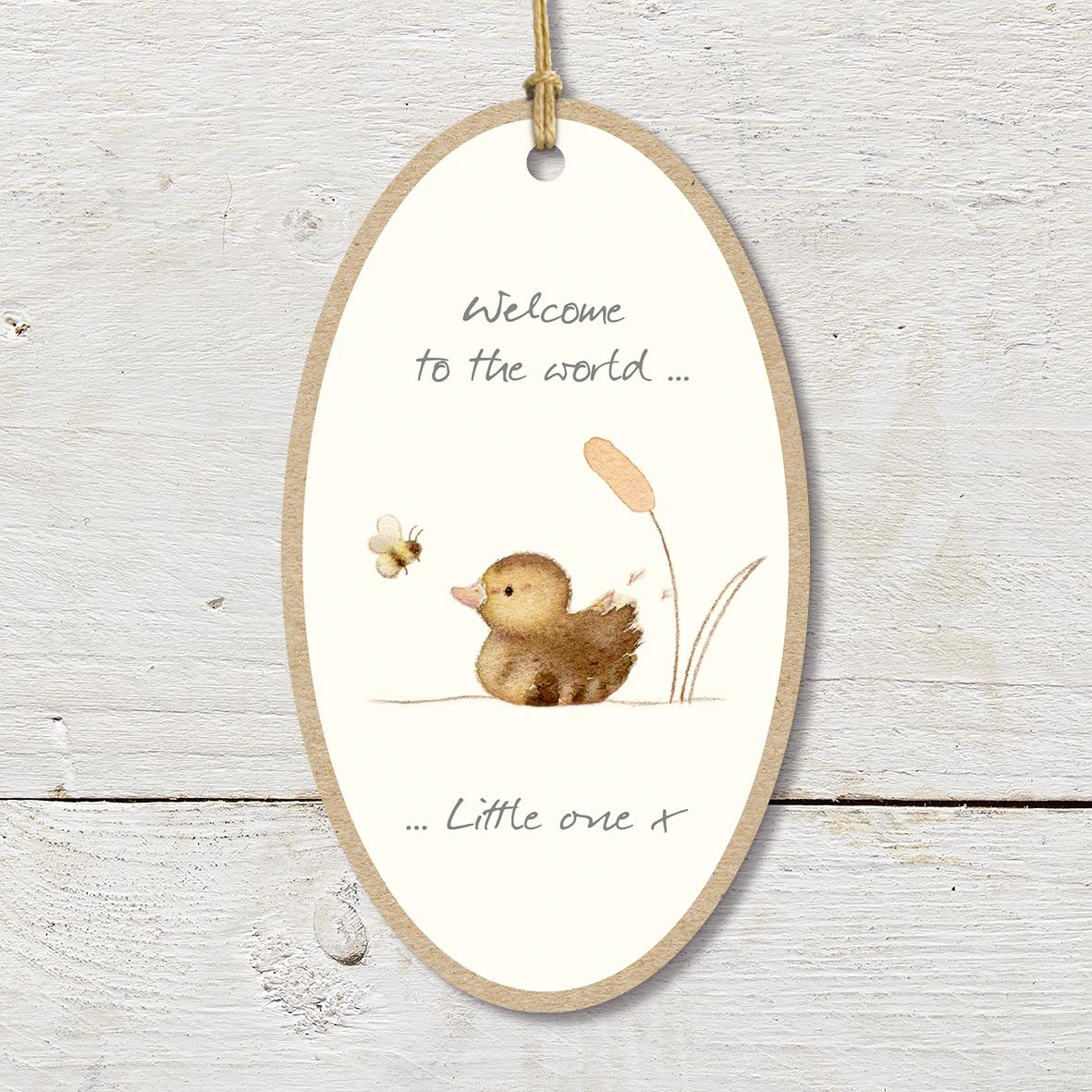 Large Wooden Plaque featuring a cute little duckling and a bee with a ’Welcome to the world little one X’ caption.