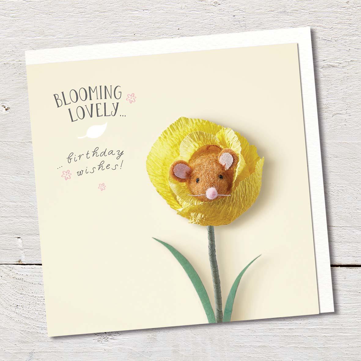 Card featuring a cute felted mouse sitting inside a yellow flower and peeping out.