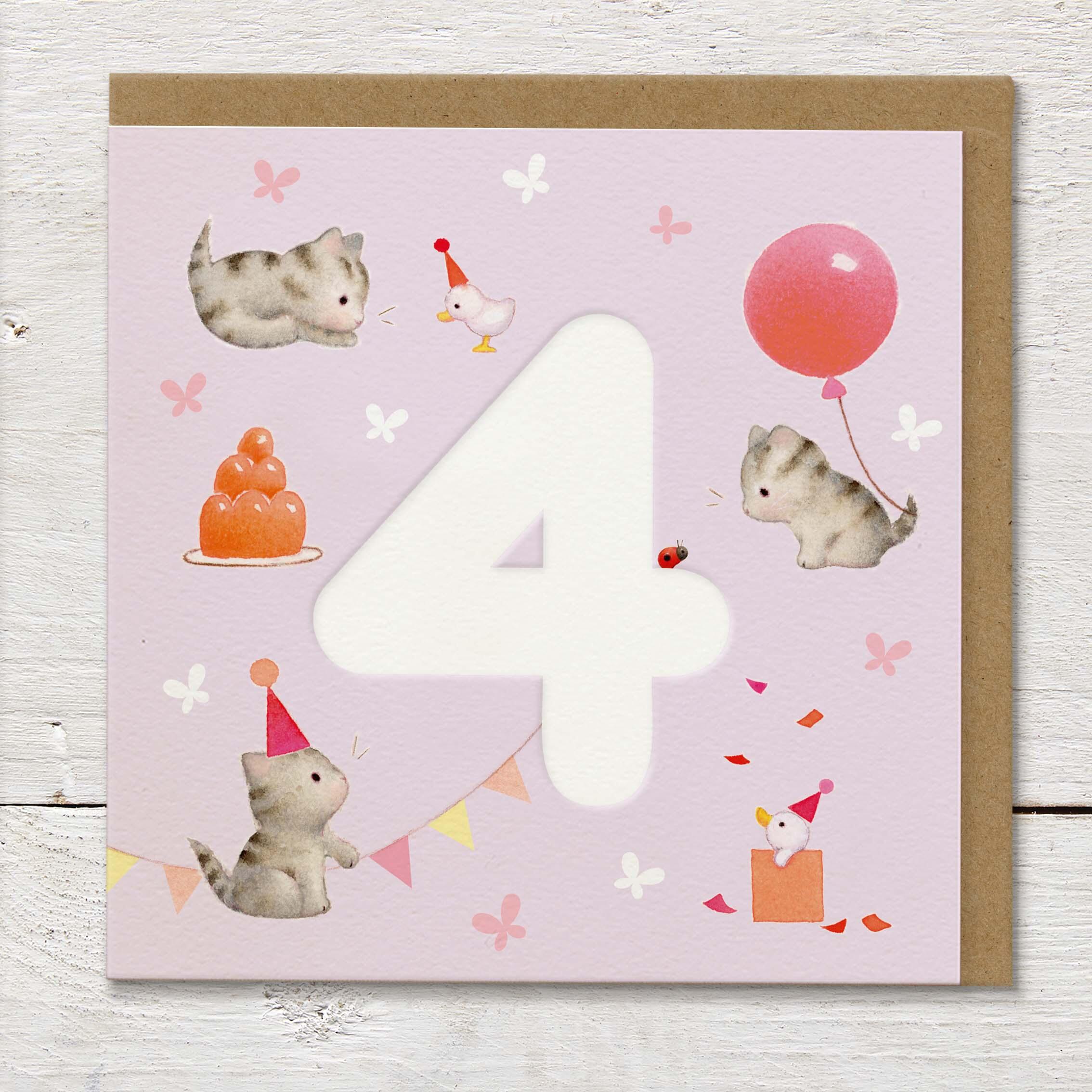 Children's age card featuring a large debossed age 4 surrounded by cute kittens and party elements on a pale lilac background.