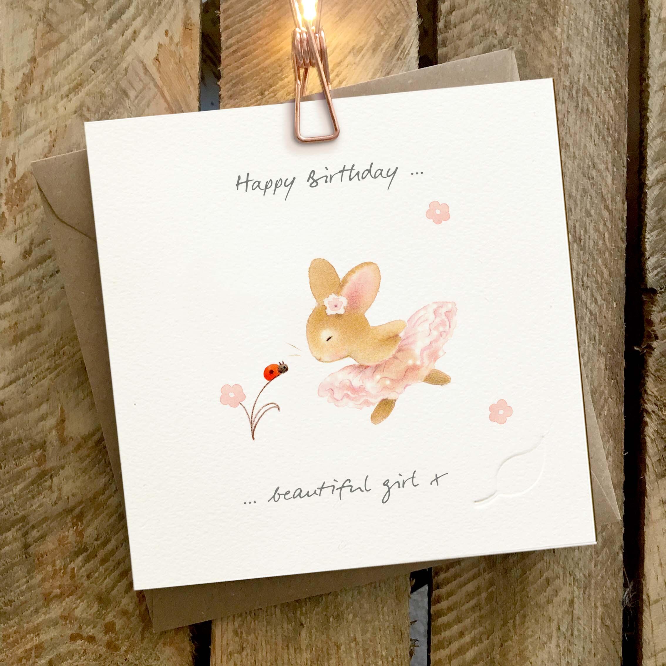Card featuring a cute rabbit wearing a tutu. Caption reads ‘Happy Birthday, beautiful Girl’.