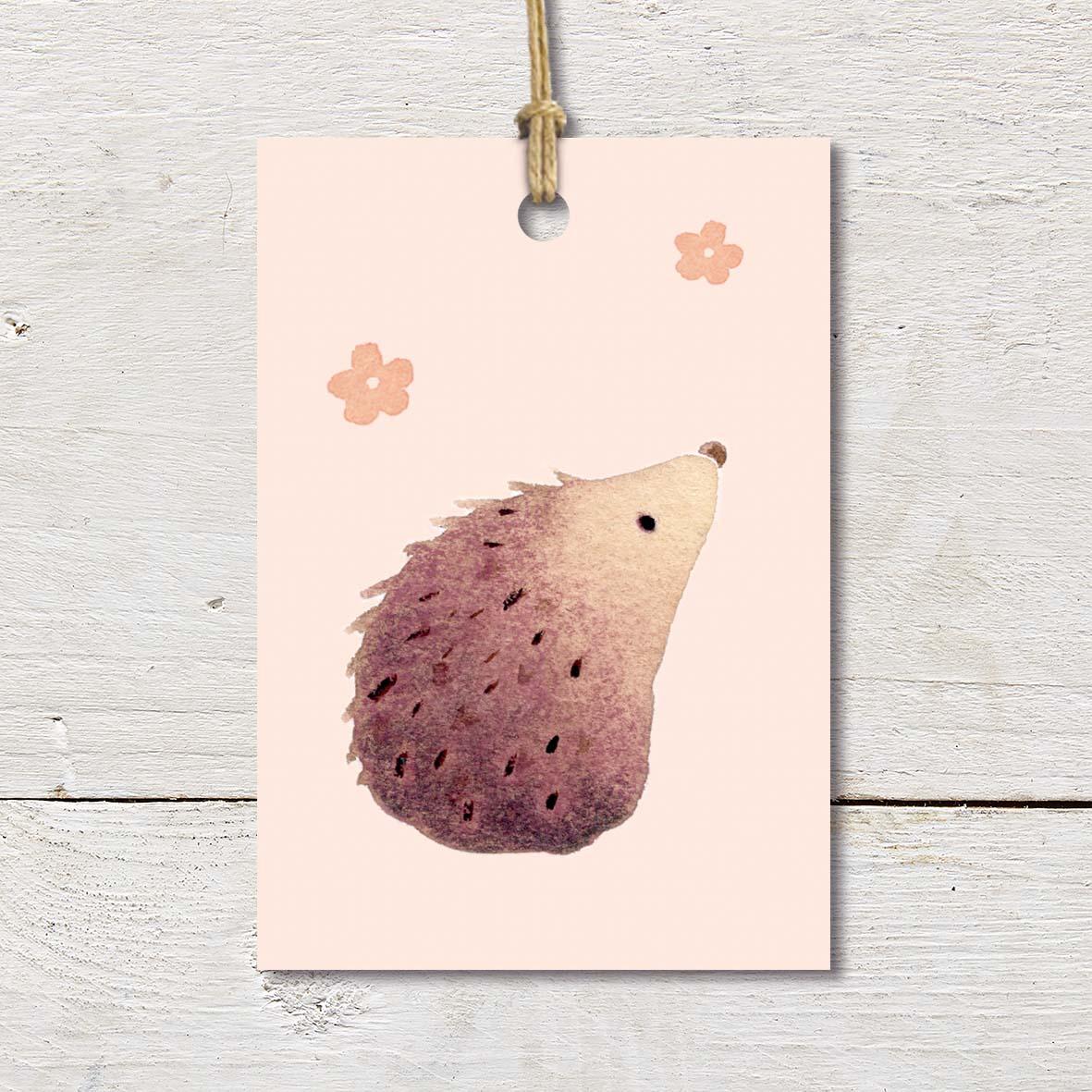 Gift Tag featuring a cute hedgehog on a pale peach background.
