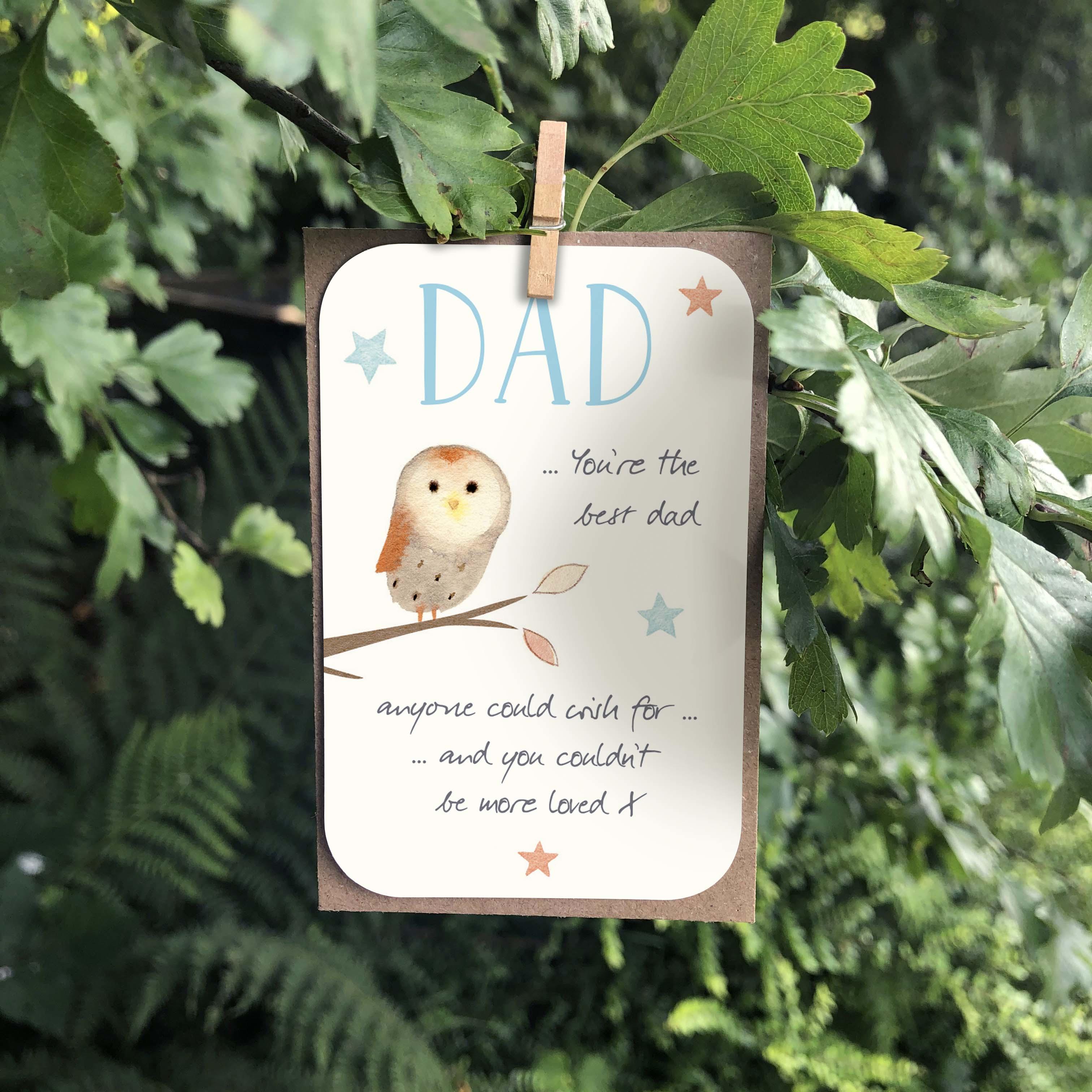 A small keepsake card with a “Dad” caption and a “You’re the best dad” message. Features a cute owl sitting in a tree illustration.