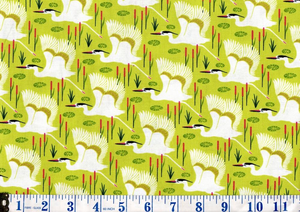 Wetlands Cranes on Lichen Green Cotton Fabric FQ