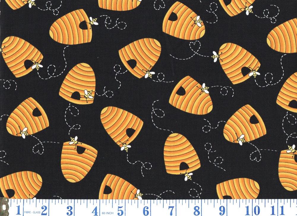 Bees Beehives Black Cotton Fabric FQ