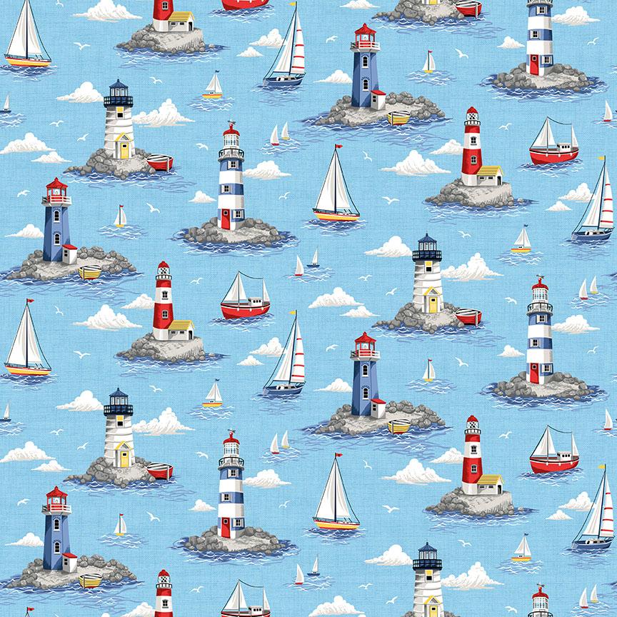 Nautical Lighthouses Sailboats Blue Cotton Fabric - Fat Quarter or Metre