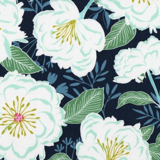 White Camelias Floral on Blue Cotton Fabric FQ