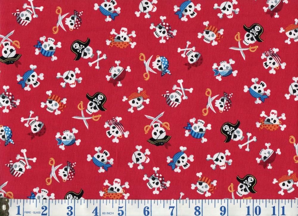 Pirate Skulls on Red Cotton Fabric FQ