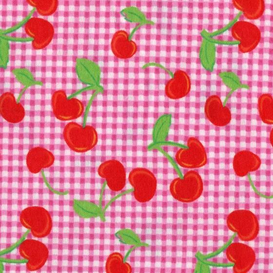 Red Cherries Pink Gingham Print Flannel Cotton Fabric FQ