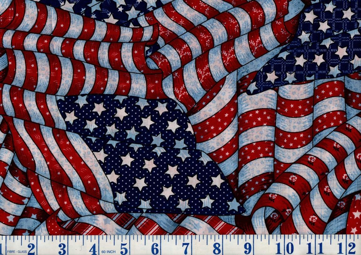 Waving American Flags Cotton Fabric Remnant