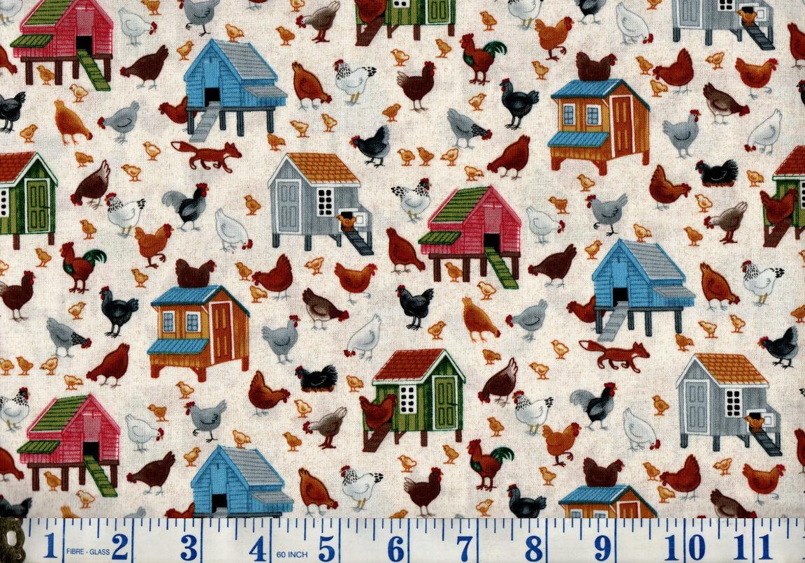 Chickens Coops on Cream Cotton Fabric FQ