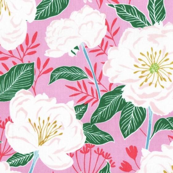 White Camelias Floral on Pink Cotton Fabric FQ
