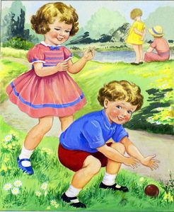 Two Children Playing with a Ball art by E V Abbott