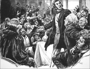 Huxley Defends Darwin and Evolution at Oxford art by Cecil Doughty