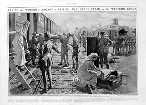 A British Ambulance Train (original page from The Sphere 1916) art by Fortunino Matania