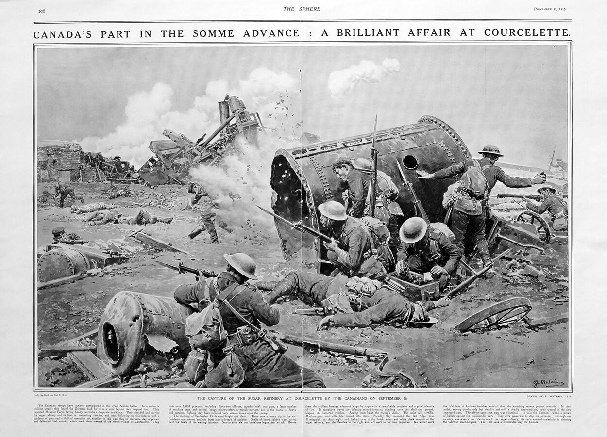 Canada's Part In The Somme (original page from The Sphere 1916) art by Fortunino Matania