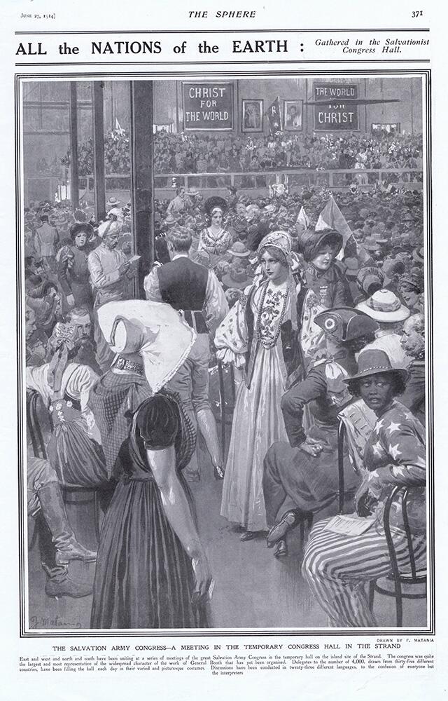 The Salvationist Congress Hall 1914 (original page from The Sphere 1914) art by Fortunino Matania