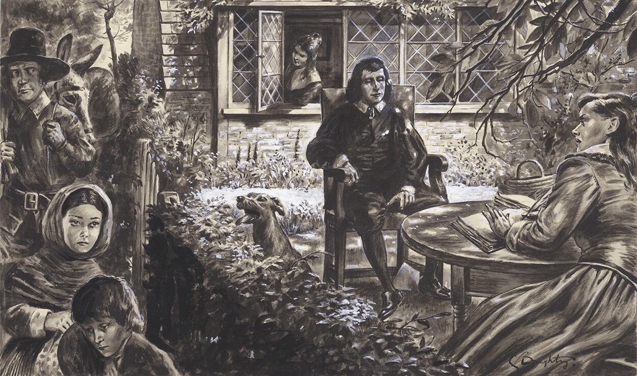 Poet John Milton and Daughters art by Cecil Doughty