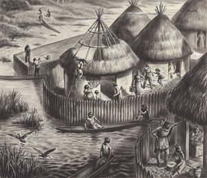 Early Settlement at Glastonbury art by Cecil Doughty