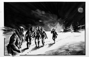 Crew of a Crash-landed Halifax Bomber Escape across a Frozen Lake art by Wilf Hardy