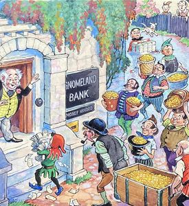 Norman Gnome at the Gnomeland Bank art by Geoff Squire