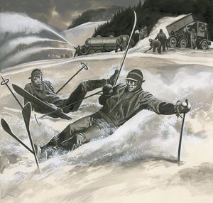 Skiers and snow machines art by Ron Embleton
