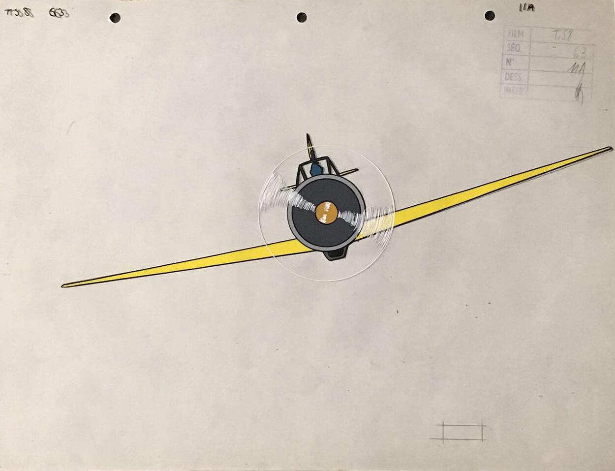 Tintin in a Spitfire art by Belvision Studio (after Hergé)