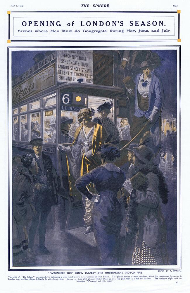 Opening of London's Season (original page from The Sphere 1914) art by Fortunino Matania