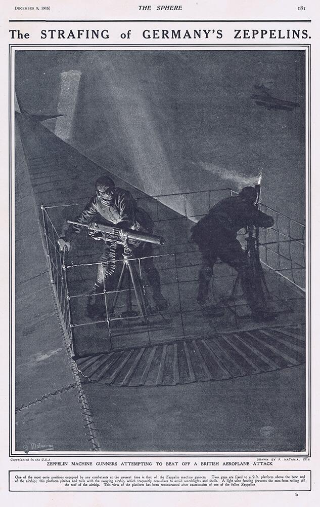Zeppelin Machine Gunners Fighting off an RFC attack 1916 (original page The Sphere 1916) art by Fort