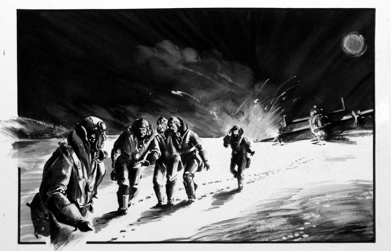 Crew of a Crash-landed Halifax Bomber Escape across a Frozen Lake art by Wilf Hardy