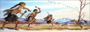 Neanderthal Boys Hunting Rabbits art by Bernard Long