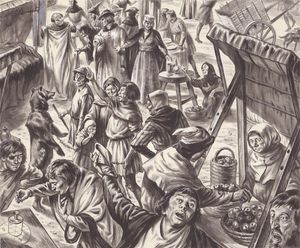 A Lord and Lady Visit the Market and Barter with Peasants art by Cecil Doughty