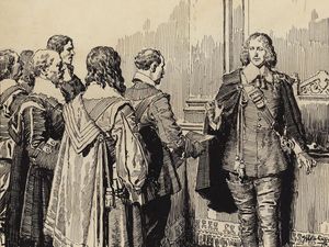 King Charles I and Parliament art by Fortunino Matania