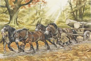 Horse Drawn Vehicle Series - Autumn Forest with four horses pulling the log cart art by Ron Embleton