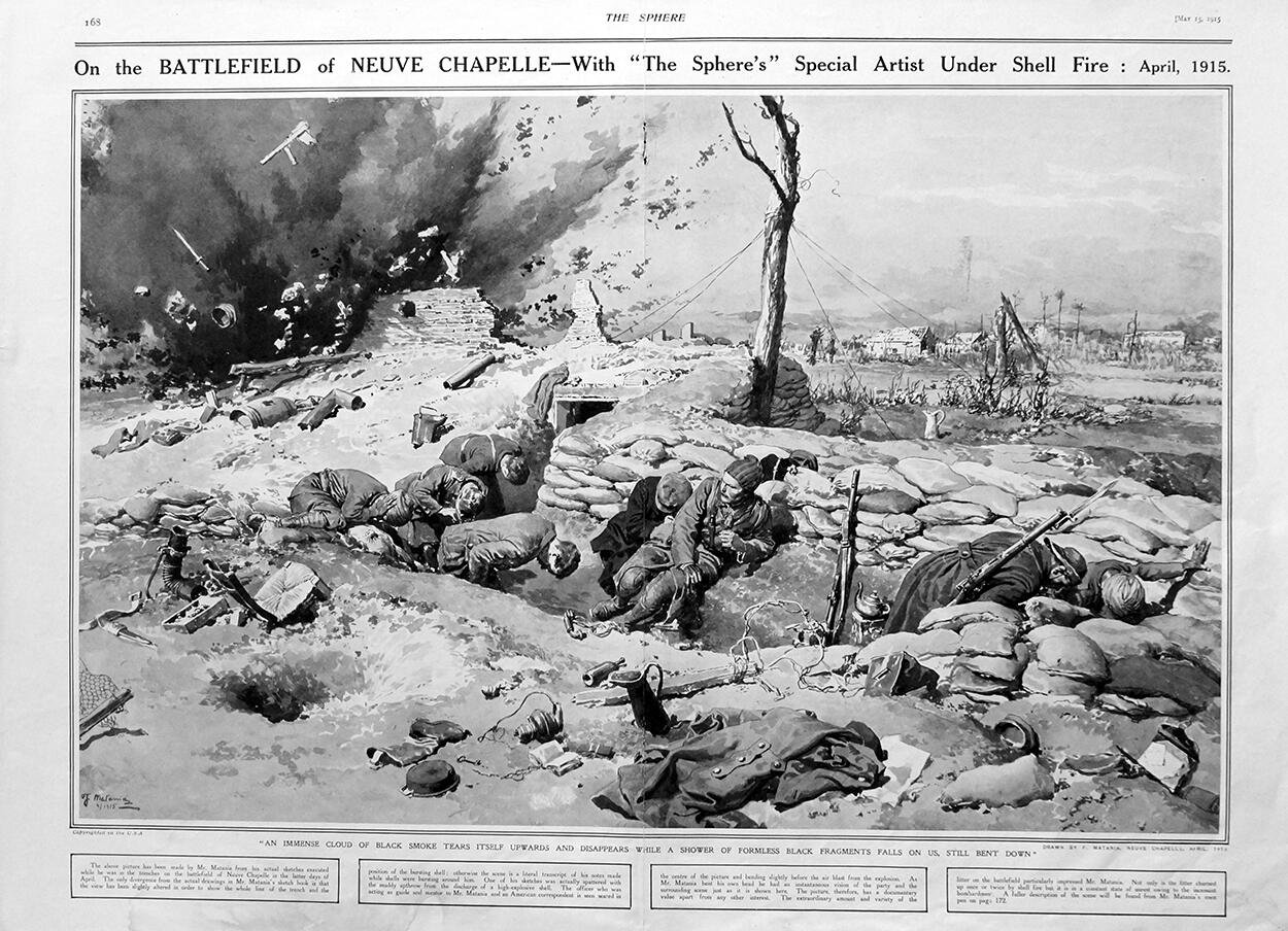 The Battlefield Of Neuve Chapelle (original page from The Sphere 1915) art by Fortunino Matania