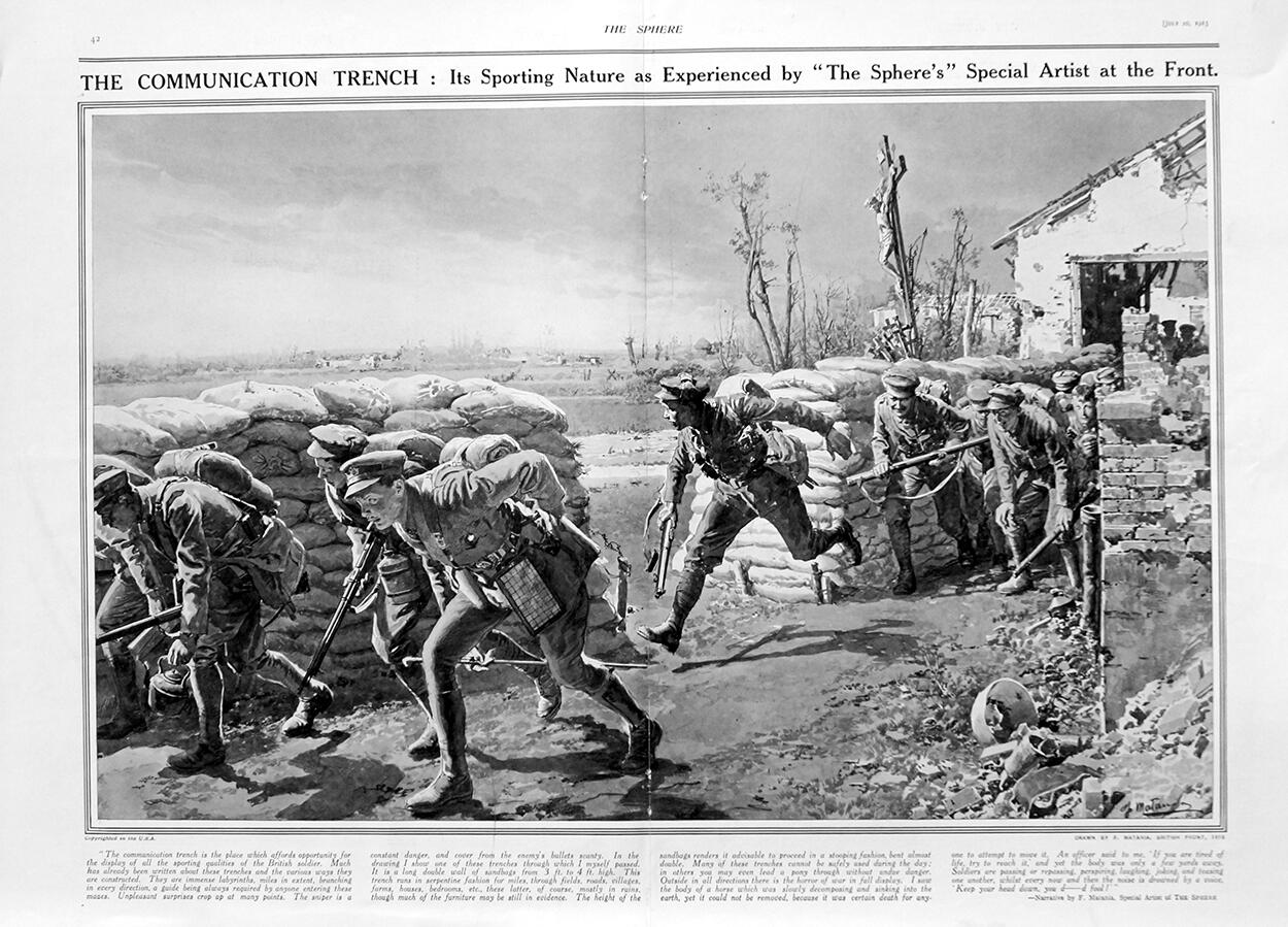 The Communication Trench (original page from The Sphere 1915) art by Fortunino Matania