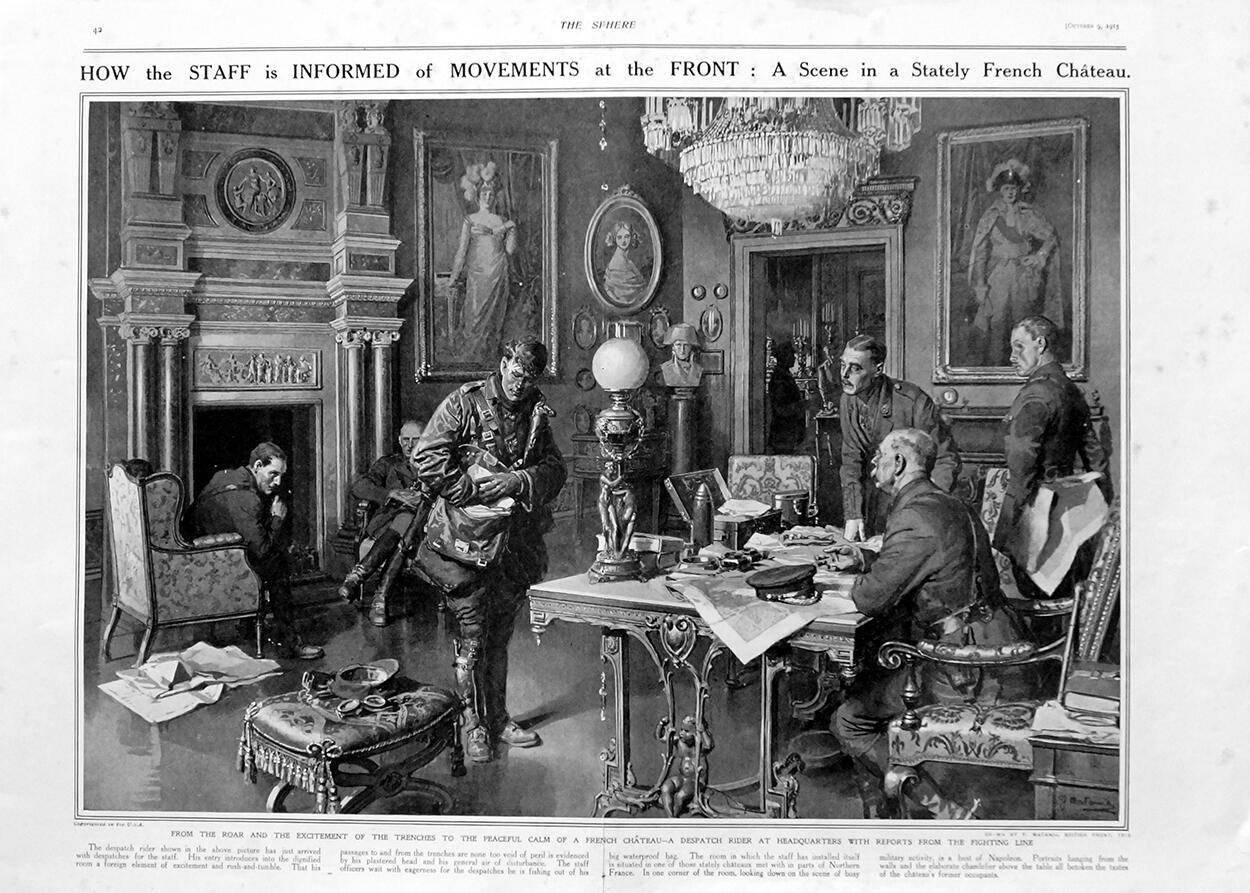 A French Chateau (original page from The Sphere 1915) art by Fortunino Matania