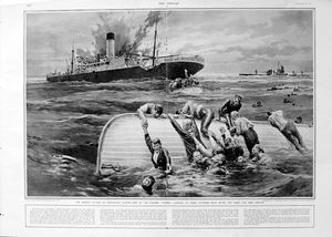 The German Attack on Mercantile (original page from The Sphere 1917) art by Fortunino Matania
