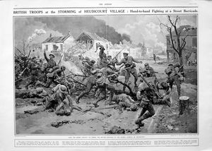The Storming Of Heudicourt Village (original page from The Sphere 1917) art by Fortunino Matania