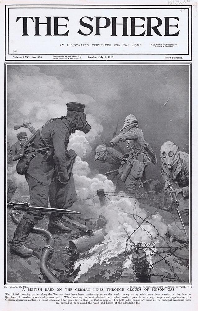 British Raid under cover of Poison Gas (original cover page from The Sphere 1916) art by Fortunino M