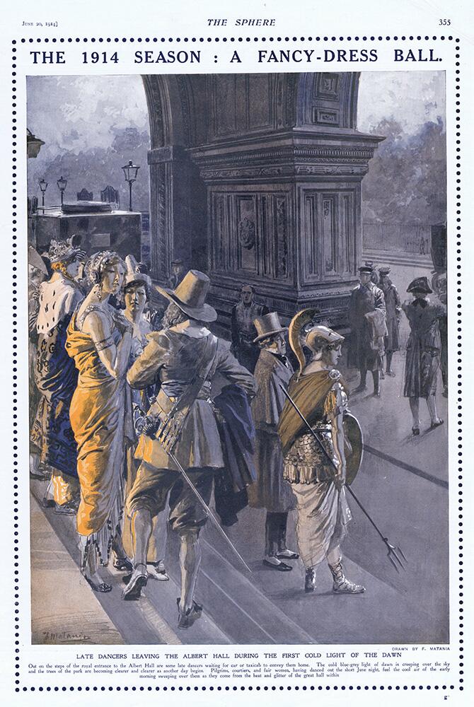 The 1914 Season: A Fancy Dress Ball at The Albert Hall (original page from The Sphere) art by Fortun