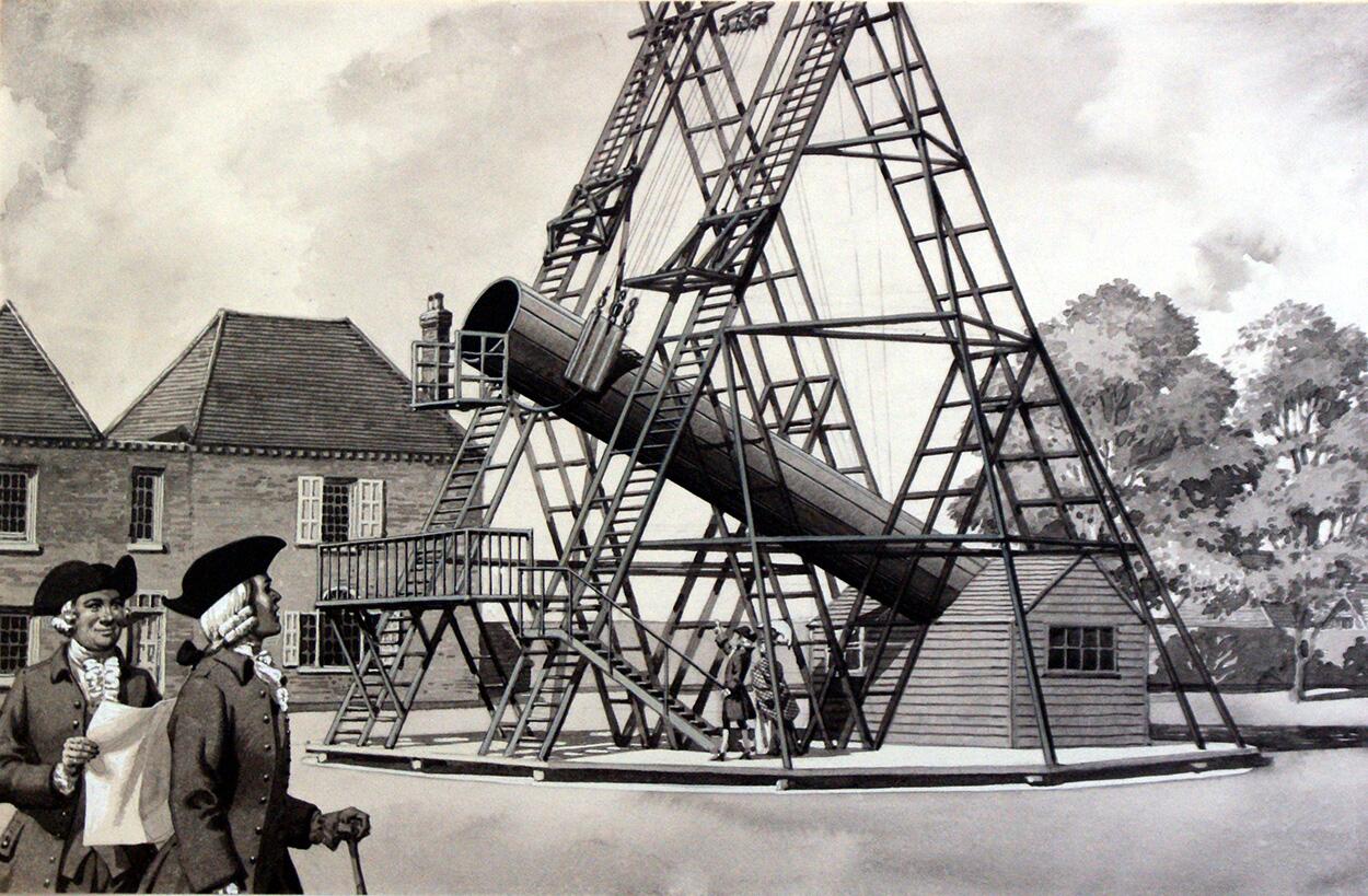 William Herschel and his Telescope art by Patrick Nicolle
