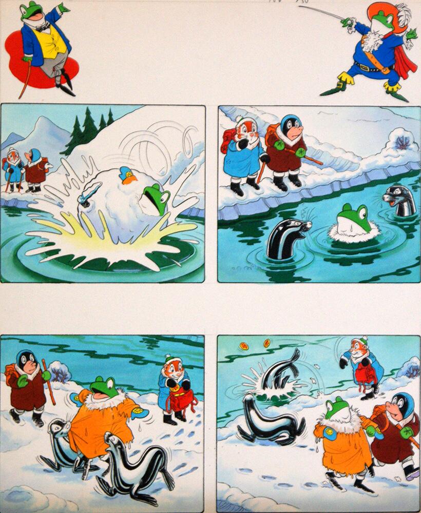 Mr Toad falls into the River art by Peter Woolcock