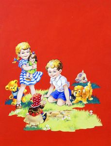 Two Children and Fairy art by E V Abbott