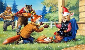 Brer Bear, Brer Fox and Brer Wolf are tricked by Brer Rabbit art by Virginio Livraghi
