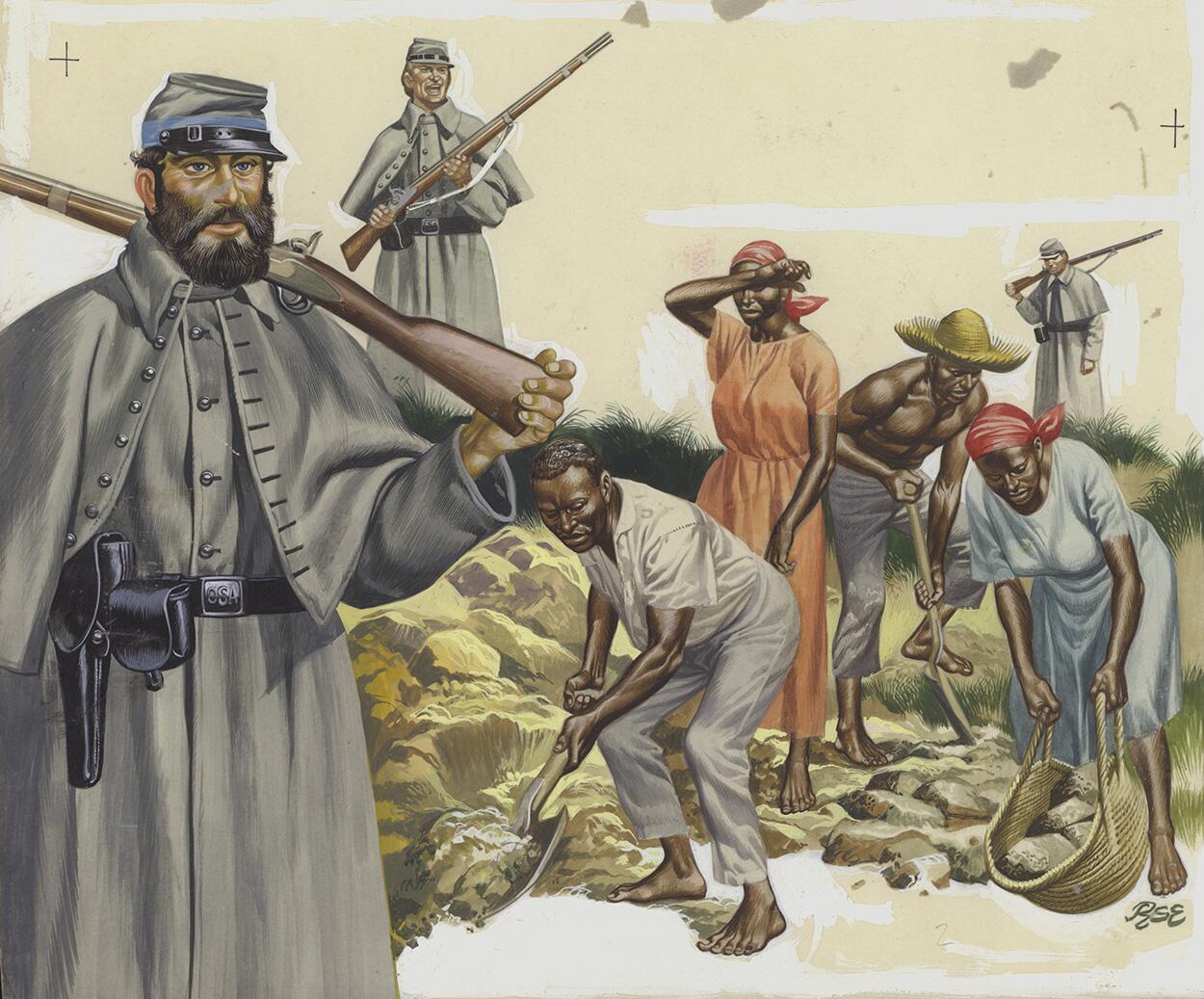 Confederate States of America Soldiers overseeing Slave Labourers art by Ron Embleton