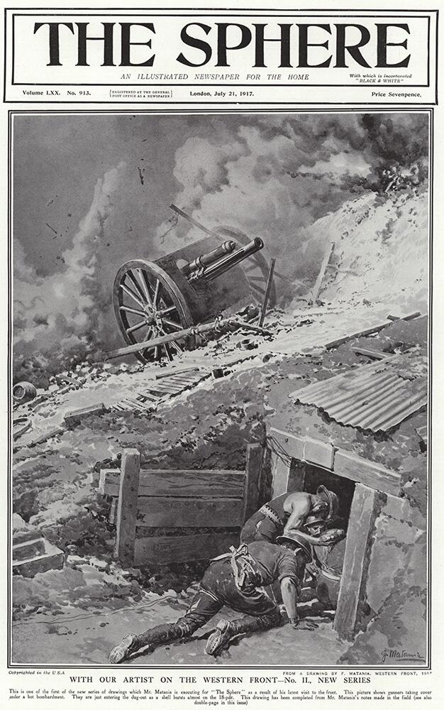 Gunners taking cover (original cover page from The Sphere 1917) art by Fortunino Matania