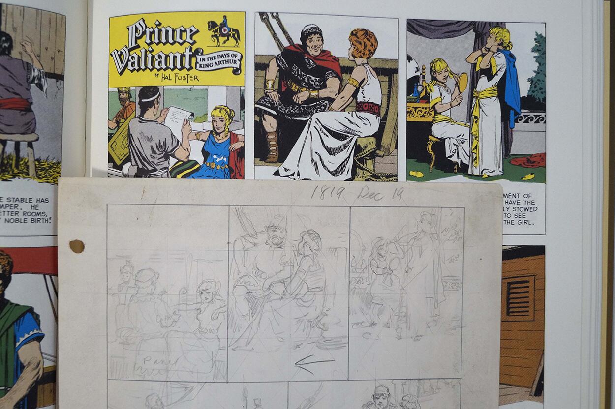 prelim top panels close up and printed page art by Hal Foster
